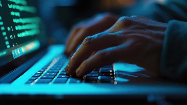 Close-up of a person's hands typing on a laptop keyboard