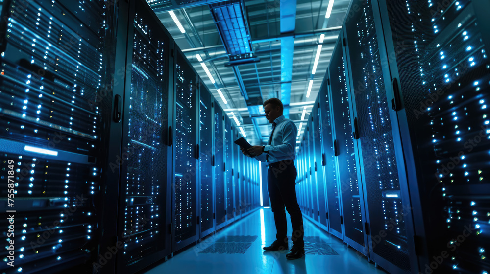 Aufkleber focused it professional using a laptop while standing in a server room with racks of network equipme