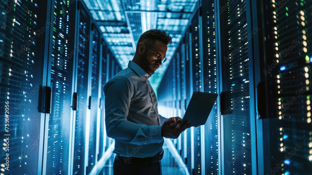 Poster focused it professional using a laptop while standing in a server room with racks of network equipme
