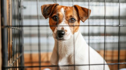 Unwanted and homeless cute sad dog in the cage, specialized pet shelter
 - obrazy, fototapety, plakaty