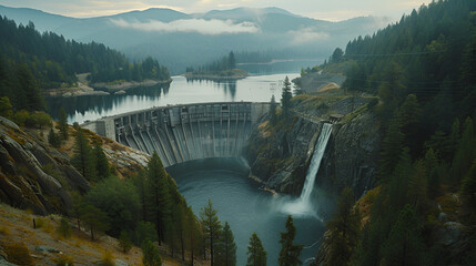 The steady flow of water from a hydroelectric dam blends with the tranquil beauty of forested mountains. generative ai 