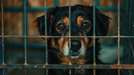 Unwanted and homeless cute sad dog in the cage, specialized pet shelter
