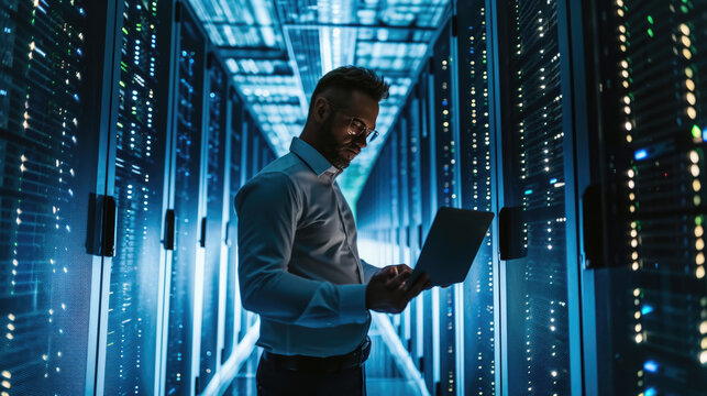 Focused IT professional using a laptop while standing in a server room with racks of network equipment illuminated by blue lights