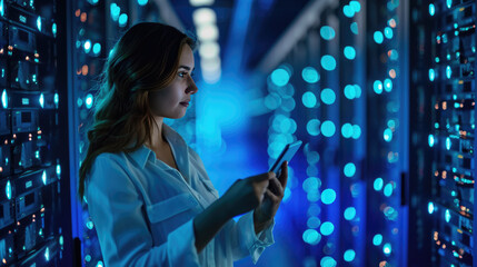 Focused IT professional using a laptop while standing in a server room with racks of network equipment illuminated by blue lights