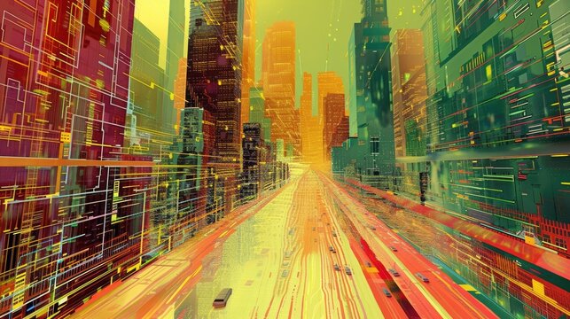 Data streams flowing around a futuristic cityscape, depicting information flow.