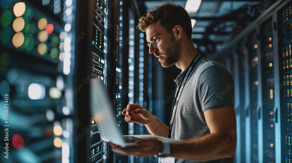 Poster focused it professional using a laptop while standing in a server room with racks of network equipme