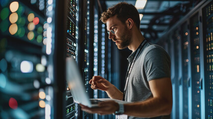 Focused IT professional using a laptop while standing in a server room with racks of network equipment illuminated by blue lights