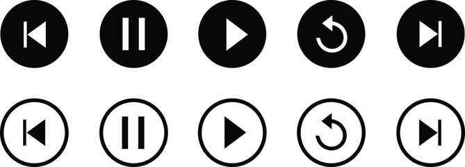 PriPlay, pause, replay, previous, and next track black icon set. Elements for video streaming app. collection of multimedia symbols, media player buttons. . vector isolated on transparent background.