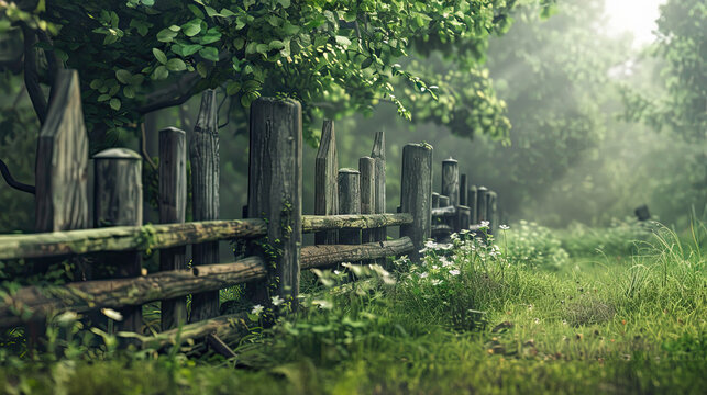 Detailed view of an old wooden fence set in a lush, green forest.