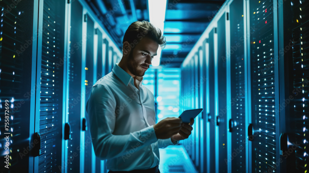Aufkleber focused it professional using a laptop while standing in a server room with racks of network equipme
