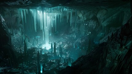 Alien cave with luminous stalactites and mystical light source. Fantasy environment concept. Design for game environment, wallpaper. Digital art landscape