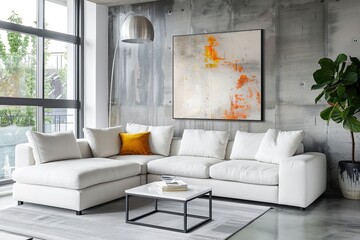 Stylish living room interior with a white corner sofa, coffee table and an abstract painting in the style of on a concrete wall in a loft apartment. Modern home decor with a gray carpet and large wind