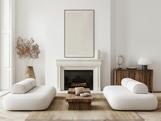 Fireplace against white sofa and rustic wooden coffee table. Scandinavian style home interior design of modern living room , White and Wood Style 