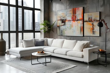 Stylish living room interior with a white corner sofa, coffee table and an abstract painting in the style of on a concrete wall in a loft apartment. Modern home decor with a gray carpet and large wind