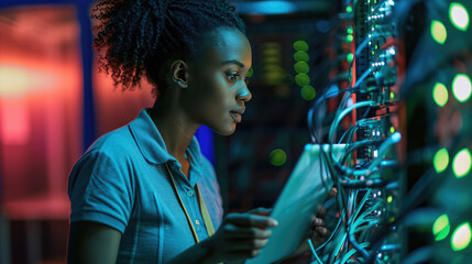 Focused IT professional using a laptop while standing in a server room with racks of network equipment illuminated by blue lights