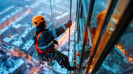 A specialist installer using special rescue equipment installs windows at high heights. - obrazy, fototapety, plakaty