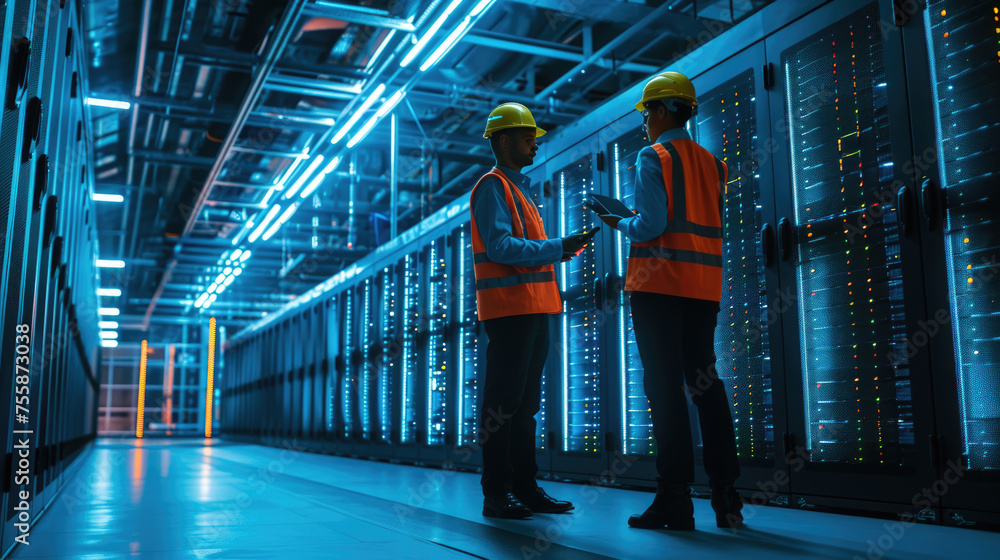 Poster two engineers having a discussion in the brightly illuminated aisle of a server room filled with rac