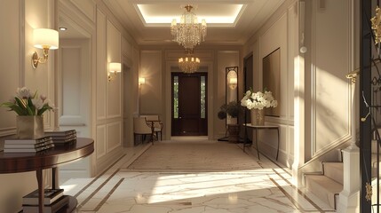 An elegant hallway adorned with transitional decor elements like statement lighting and refined furnishings.
