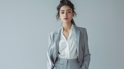 Modern professional woman in a business suit. Studio portrait showcasing confidence and contemporary workwear style.