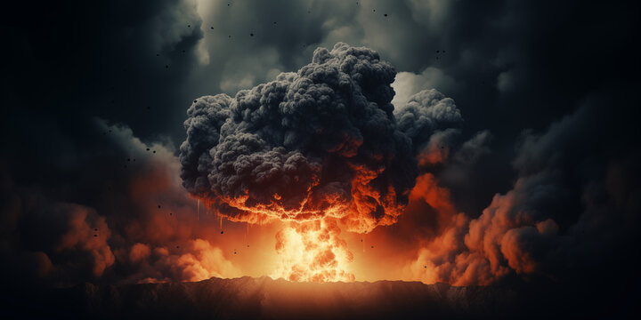 Nuclear bomb blast and cloud on dark black backround