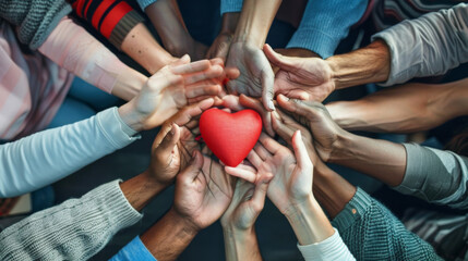 Diverse group of people's hands coming together to support a plush red heart