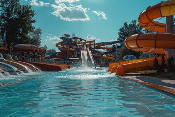 Exciting water park filled with slides and fountains under the blue sky. - Powered by Adobe