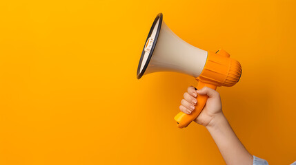 Hand holding megaphone against an orange background, promoting marketing and sales.