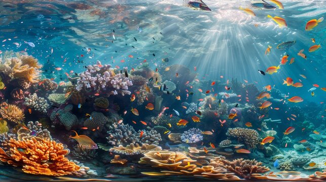 Underwater coral reef with diverse fish species and sunlight piercing through water. Wide-angle underwater photography.