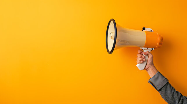 Hand holding megaphone against an orange background, promoting marketing and sales.