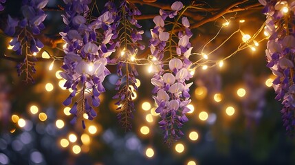  Illuminated Wisteria Blossoms Under the Soft Glow of Twinkling Lights - obrazy, fototapety, plakaty