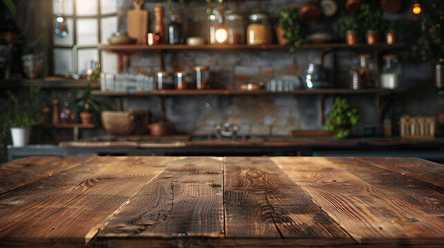 Wood table top on blur kitchen window background, generative ai