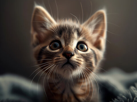 Adorable Kitten with Mesmerising Eyes Looking Up. Generative AI.