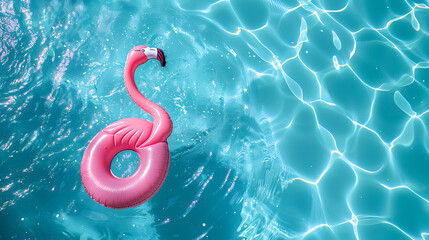pink swimming pool flamingo float in blue water. concept summer background, top view with copyspace.