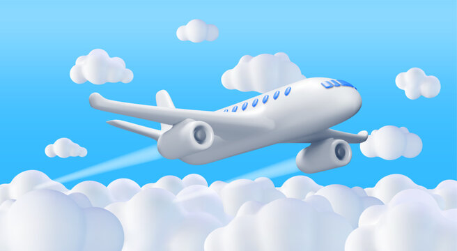3D White Realistic Airplane in Clouds. Render Passenger or Commercial Jet Icon. Time for Travel Concept. Traveling Booking Agency and Airlines. Holiday Vacation. Vector Illustration