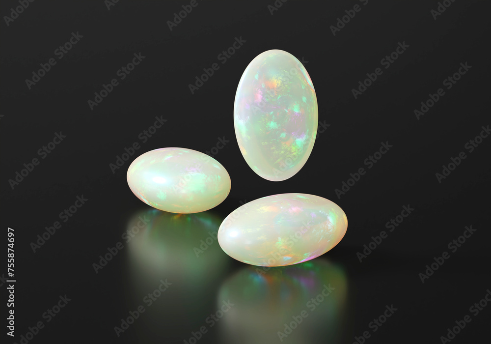 Poster opal round oval isolated on black background 3d rendering