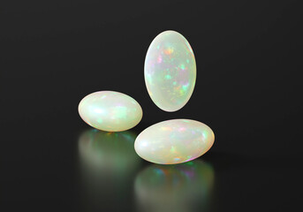 Opal round oval isolated on black background 3d rendering