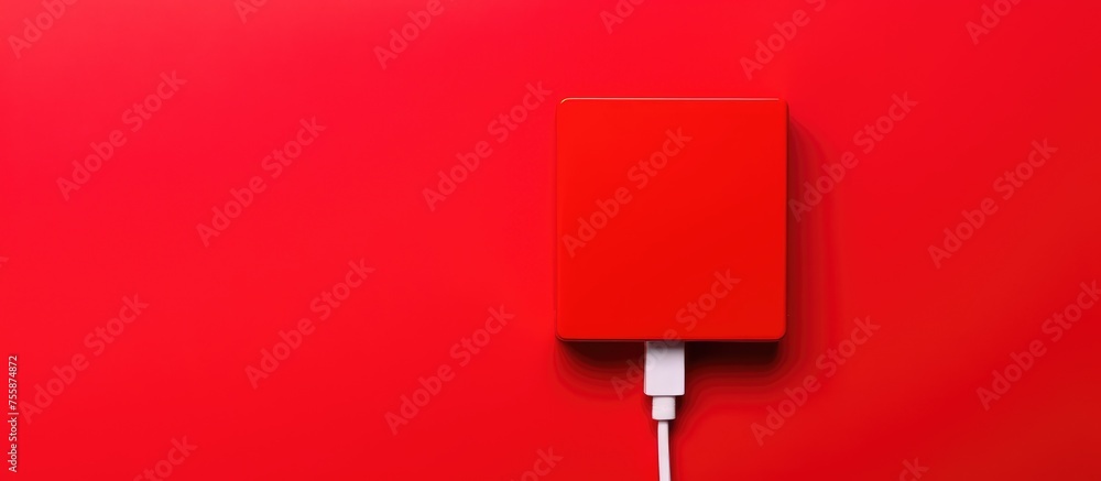 Poster a rectangular red power bank is connected to a white cord against a red background, resembling autom