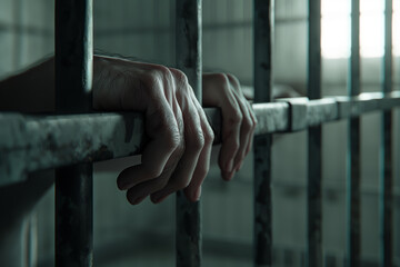 Prisoner holding the bars in a jail cell