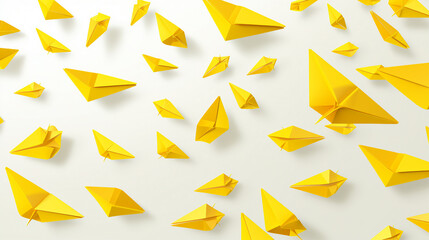 School notebook background with 3D flying yellow paper airplanes: Vector cartoon of children's planes soaring through the air, creating a playful and imaginative atmosphere