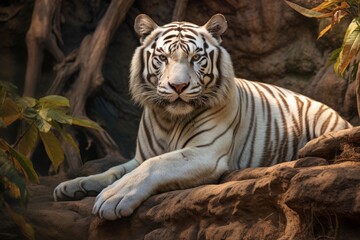 Naklejka premium Wild Harmony: Detailed Depiction of a White Tiger in Its Natural Indian Habitat generative ai
