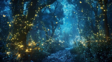 Enchanted forest path with glowing lights and fireflies at night. Digital art fantasy background. Magical forest scene concept - obrazy, fototapety, plakaty