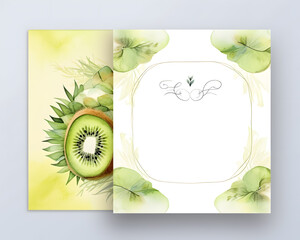 Decorative invitation or label with kiwi fruit. Watercolor greeting card or invitation design.