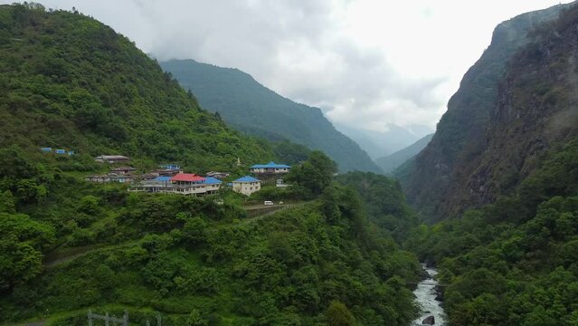 Jung Hydroelectric Power Station deep in the  jang valley in tawang district of arunachal pradesh and surrounded by high mountains on a bright morning, western arunachal pradesh in India.