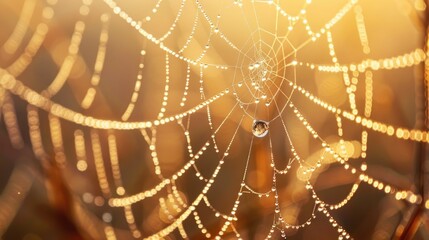 Close-up of a spider web with glistening dew drops illuminated by golden morning sunlight.