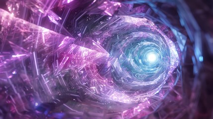 Spiraling tunnel of light within crystal structures. 3D render for science fiction and abstract art
