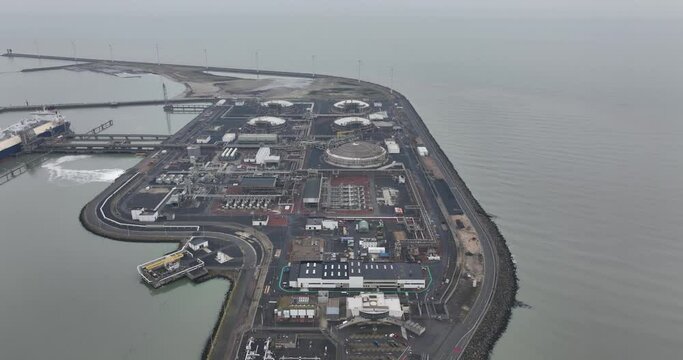 The Zeebrugge LNG terminal at Knokke Heist, Belgium. loading or unloading all types of LNG ships, transhipment between LNG ships, loading tankers with LNG or regassing LNG to inject it into the
