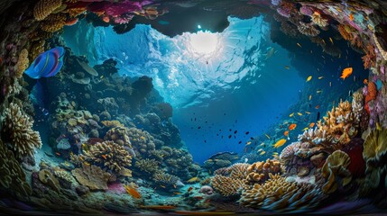 Underwater seascape with coral, fish, and wavy water surface. Underwater photography for design and print.