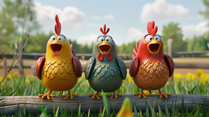 3d Three Cartoons Chickens on a Farm - obrazy, fototapety, plakaty