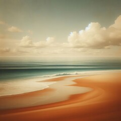 A serene scene featuring the seamless meeting of sand, sea, and sky—a tranquil coastal landscape where the earthy tones of the sand harmonize with the vastness of the ocean - obrazy, fototapety, plakaty