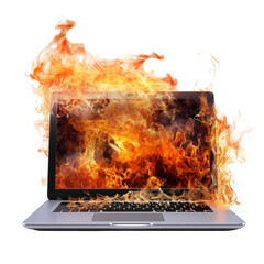 Computer on fire  isolated on white or transparent background